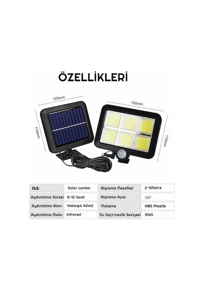 Unichrome 120 Cob Led Solar Panel Güneş Enerjili 3 Mod Duvar Lambası