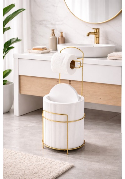 Lüx Gold Banyo Wc Tuvalet Kağıtlığı Çöp Kovası Takım Plastik Kova 6 Litre Paslanmaz Tel Beyaz