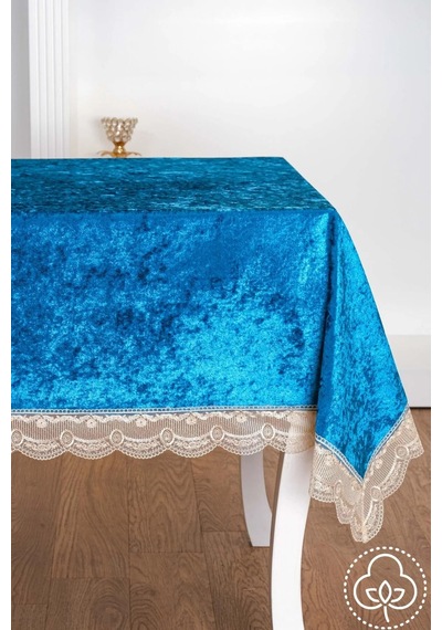 Pera Lüx Dantelli Kadife Kumaş Turkuaz Masa Örtüsü 160x220 Cm - 1421 Çok Renkli