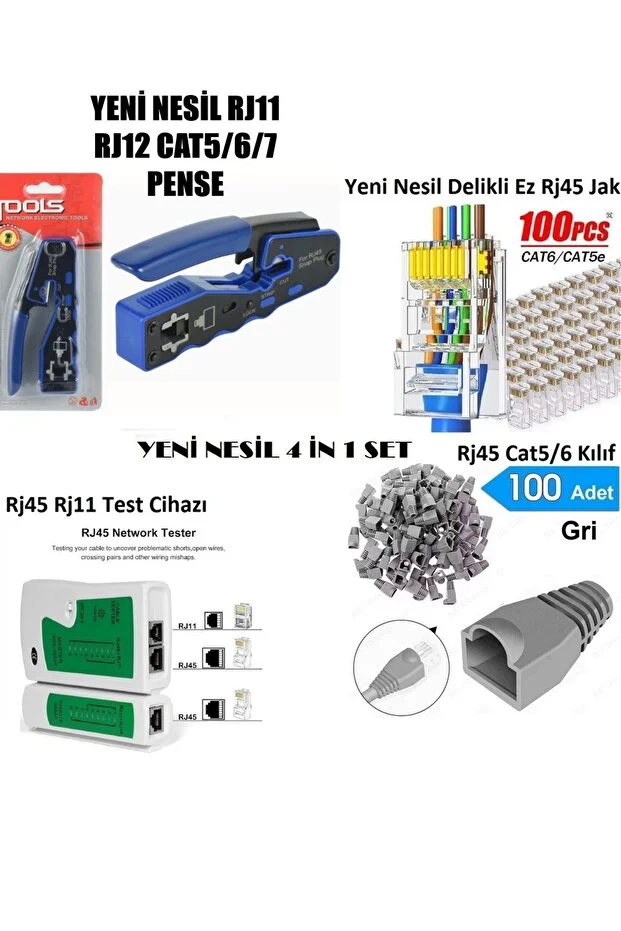 Yeni Nesil Cat5/6/7/8 Pense + Rj45 Rj11 8p8c Test Cihazı + 100 Adet Cover + 100 Adet Yeni Nesil Konnektör Network Seti