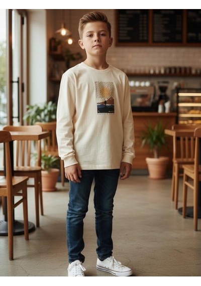 Zekids Erkek Çocuk Pamuklu Manzara Baskılı İnce Uzun Kollu Sweatshirt-16341 Krem