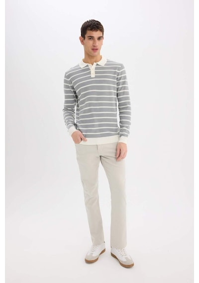 DeFacto Standart Fit Polo Yaka Çizgili Triko Kazak E7604AX24WNGR253