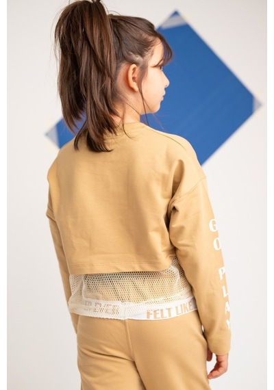 Zeyland Kız Çocuk Go Play Fileli Crop Bej Sweatshirt (4-12Yaş)