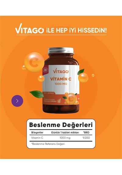 Vitago Premium Vitamin C 1000 MG İçeren Takviye Edici Gıda 60 Tablet