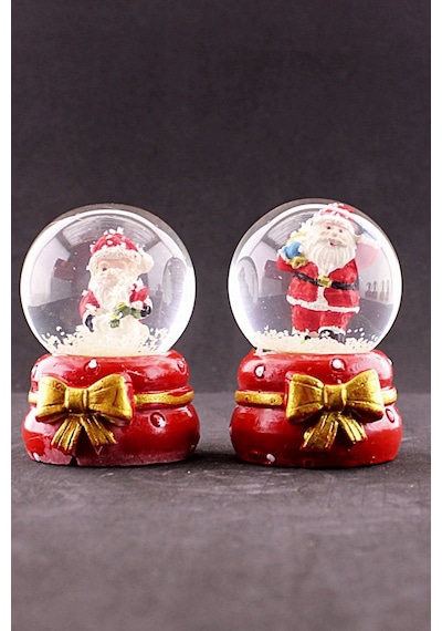 2 Adet Noel Temalı Kurdele Detaylı Mini Boy Işıklı Kar Küresi