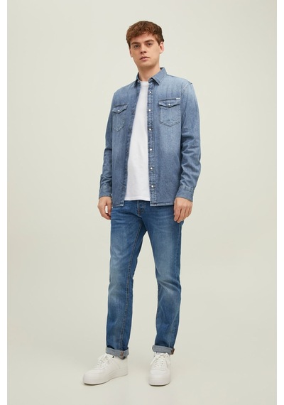 Jack & Jones Erkek Jjesheridan Dar Kesim Kot Gömlek 12138115 Orta Mavi