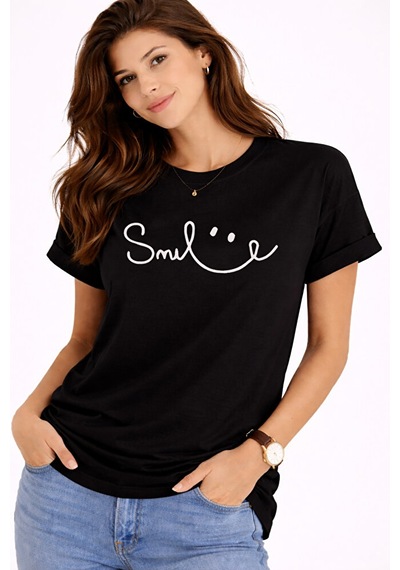 Nevermind Unisex Tişört Smile Baskılı Basic Oversize Günlük Rahat Siyah