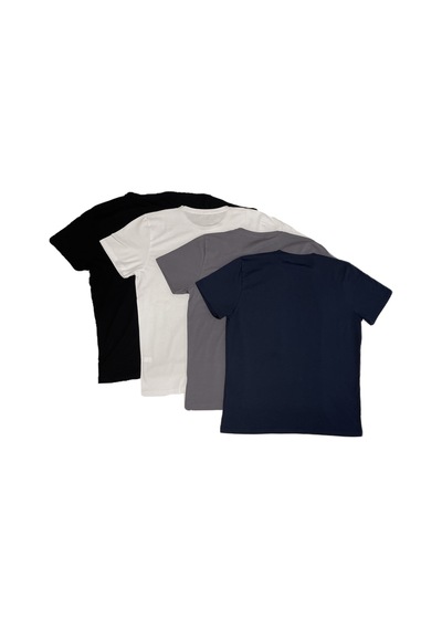 Erkek Slim Fit Dar Kesim Bisiklet Yaka Kısa Kol Pamuklu 4’lü Tişört Paketi Siyah Beyaz Gri Lacivert