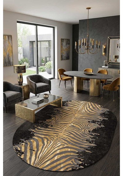 Frenda Home Zebra Desen Pamuk Taban Baskılı Oval Halı Siyah