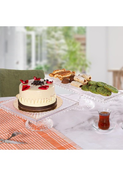 Linea Model Cam Ayaklı Kare Ve Dikdörtgen 2'li Kek Ve Pasta Sunumluk, Şeffaf Çok renkli