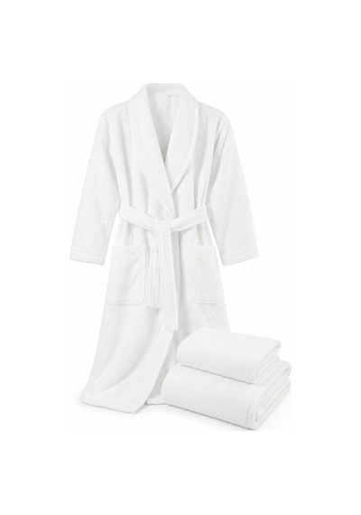 3 Parça Tek Kişilik Banyo Bornoz Ve Havlu Seti %100 Pamuk Serena Collection Beyaz