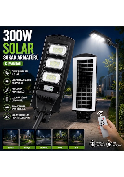 300w - 6500k Solar - Güneş Enerjili Sokak Lambası - Armatür Sensörlü Bahçe-balkon-sokak Ars-348966 Bx40