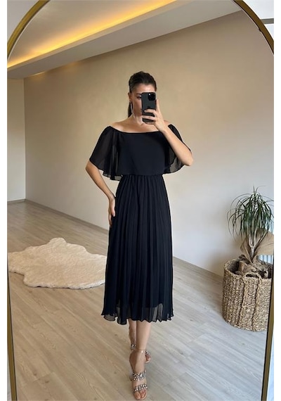 Neşeli Butik Kadın Omzu Açık Piliseli Midi Şifon Elbise Nm006 Siyah