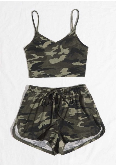 Kadın Kamuflaj Desenli Askılı Crop Top Ve Şortlu Gecelik Takım H110440 Beden: S/m Diğer