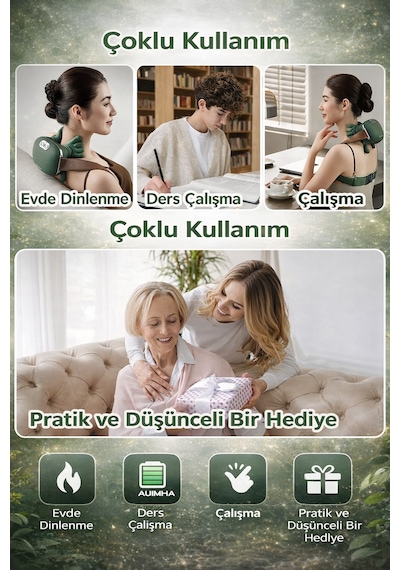 Kılıforyum Isıtmalı 3d Boyun Omuz Masaj Aleti Şarjlı Taşınabilir 3 Kademe Masaj Cihazı Koyu Yeşil