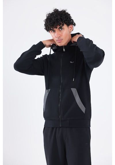 Rowinger Modal Kumaş Kapüşonlu Fermuarlı Kontrast Detaylı Erkek Sweatshirt Siyah