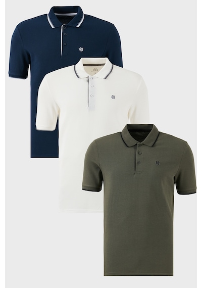 Buratti Pamuklu Slim Fit Şerit Detaylı Düğmeli Polo Yaka 3'Lü Paket Erkek T Shirt 5902118S3 Beyaz-Haki-Indigo