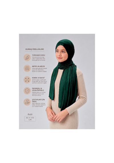Sonbaharmoda Kız Çocuk Penye Şal, Viskon Likralı, 60x150 Cm, 10-12 Yaş, Tesettür Şal. Zümrüt Yeşil