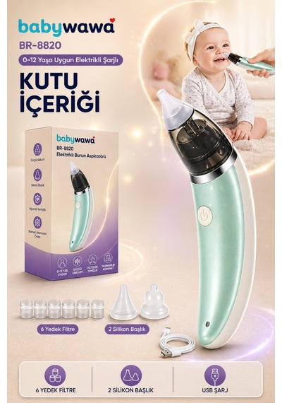 Babywawa Br-8820 0-12 Yaş Şarjlı Bebek Burun Aspiratörü 5 Kademe Güçlü Vakum