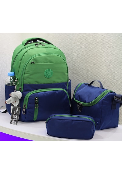 İlk Okul Çantası 3'lü Seti Unisex Çocuk İlkokul Çantası Gry-8010 Yeşil-lacivert Yeşil