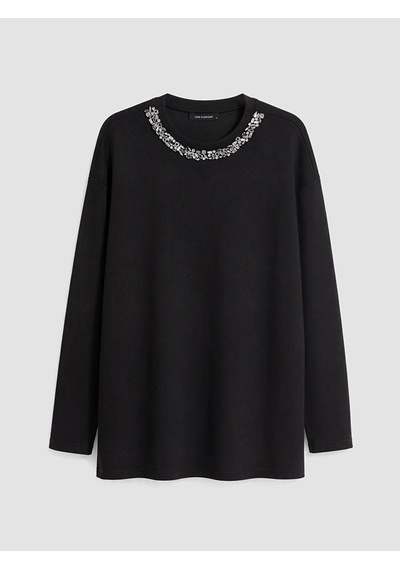 Lcw Everyday Siyah Soft Touch Taşlı Oversize Kadın Sweatshirt Tunik