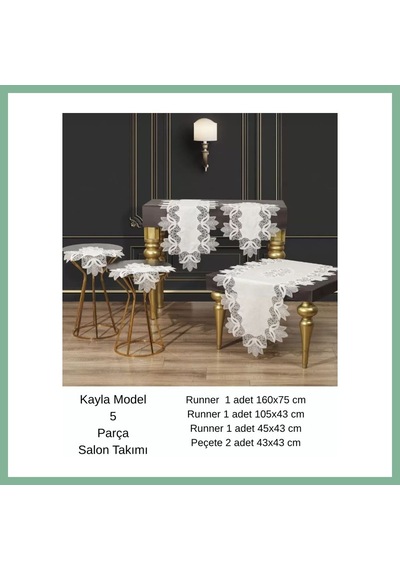 Bşkvirgo Salon Takımı 5 Parça Keten Masa Örtüsü Runner Seti Çeyizlik Kayla Model No 22252 Krem-gold Bsk2026
