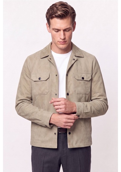 Comfort Fit Pamuklu Yan Cepli Çıtçıtlı Gömlek Modelli Bej Mont Mt 181
