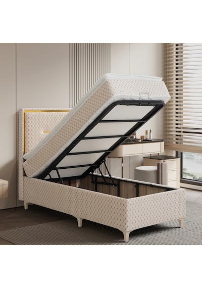 Lina Krem Tek Kişilik Sandıklı Baza Ve Başlık Takımı 2'li Set Konuma Özel Teslimat 90 x 190 CM