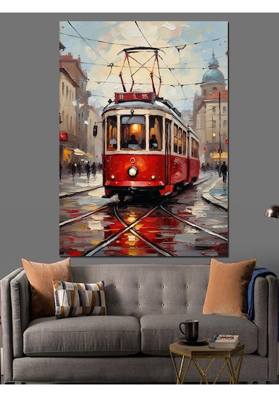 Ahşap Tablo Kırmızı Tramvay Şehir Sokak