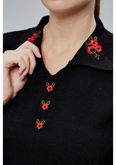Kadın Polo Yaka Oversize Çiçek Nakışlı Triko Kazak Siyah Siyah