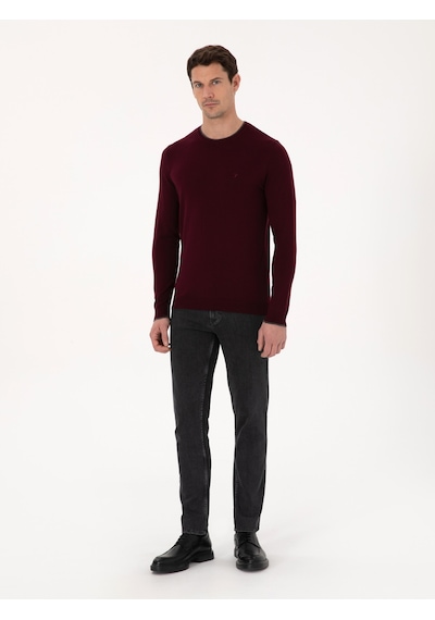 Cacharel Bordo Slim Fit Pamuk Karışımlı Bisiklet Yaka Triko Kazak Kırmızı