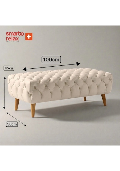 Smarto Relax Swiss Style Puf Adelboden Kapitone Puf,baby Face Polyester Kaplama,ahşap Ayaklı 100 X 50 X45 Cm Kapitone Puf,ayaklı Bej