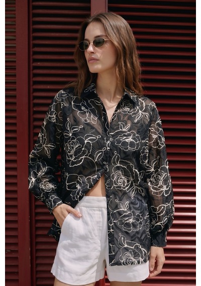 Sateen Nakış Detaylı Gömlek - Siyah-137497