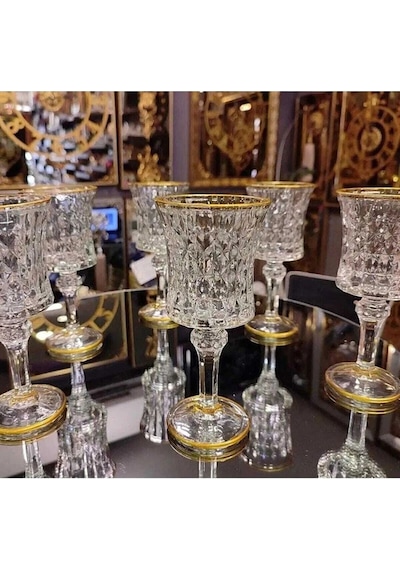 Çeyizci Çarşı 6lı Yaldızlı Kristal Ayaklı Su Bardağı Kahve Yanı Su Bardak