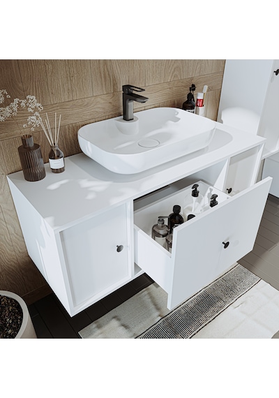 Lavabolu Mdf 120 Cm Çekmeceli Banyo Dolabı + Aynalı Dolap Beyaz Mat Beyaz