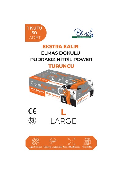 Nitril Turuncu Power Pudrasız Muayene Eldiveni L - 1 Paket 50 Li