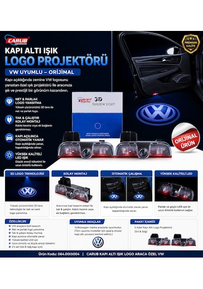 Carub Volkswagen Uyumlu Kapı Altı Logo Projektörü 3d Led Işık 2 Li Set Tak Çalıştır 0000