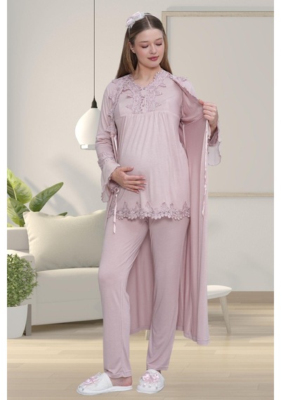 Mecit Pijama Mecit 1517 Gül Kurusu Sabahlıklı Lohusa Pijama Takımı