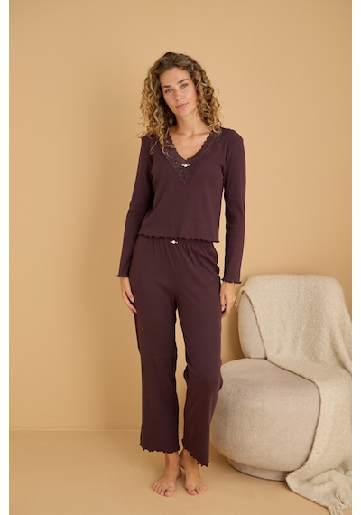 Siyah İnci Pamuklu Dantelli Fitilli Örme Pijama Takım25226005 Mürdüm