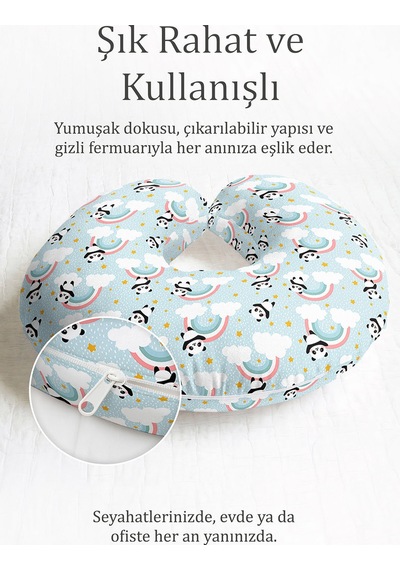 Panda Bulut Gökkuşağı Boyun Yastığı - Neşeli Pastel Mavi Çocuk & Yetişkin Seyahat Yastığı Tozlu Ayışığı Gri