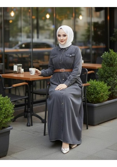 Hb Harma Time Butik Kadın Düğmeli Kemerli Denim Kot Siyah Elbise
