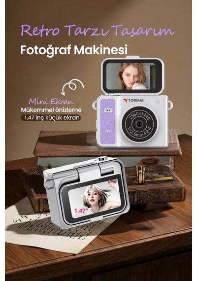 Torima CMR46 Mini Dijital Kamera 2K Flip Ekranlı Selfie Video Vlog Kamerası Mor