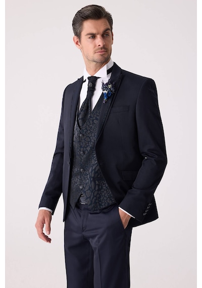 Ysf Erkek Lacivert Çıkma Şal Yaka Slim Fit Damatlık