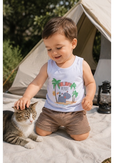 Babyhola Holiday Baskı Erkek Bebek Atlet Şort Yazlık Takım 3521 Kahverengi