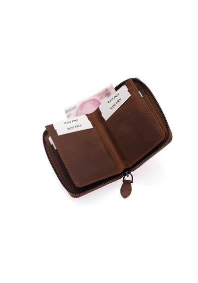 Westpolo Hakiki Eskitme Deri Kağıt Para Ve Bol Kart Bölmeli Fermuarlı Unisex Cüzdan - G2 Taba Koyu Taba