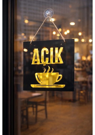 Ahşap Üzeri Gold Aynalı Pleksi Açık-kapalı Cafe Ve Restaurant Tabelası