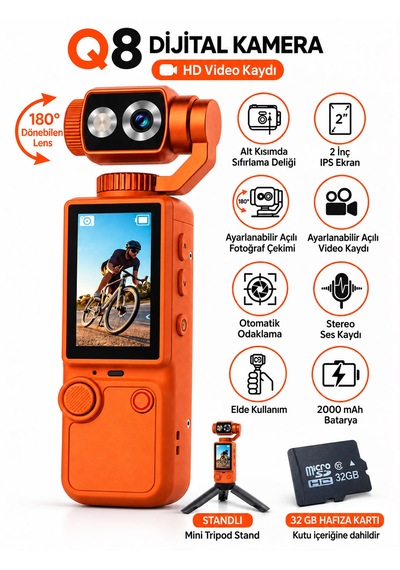 Q8 Dijital Mini Tripod Standlı 32 Gb Hafıza Kartlı Kamera Hd Video Kaydı Fotoğraf Çekimi Vlog Çekimi 180 Derece Dönebilen Lens 2.0 İnç Ekran 2000mah Batarya Aksiyon Kamerası Otomatik Odaklanma