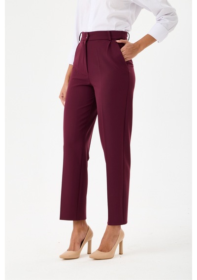 Velnara Moda Mürdüm Dar Paça Cepli Yüksek Bel Dokuma Kumaş Kadın Pantolon Bordo Mürdüm - 918311251 Bordo Mürdüm