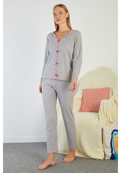 Fullamoda Çiçek Desenli V Yaka Pijama Takımı Gri