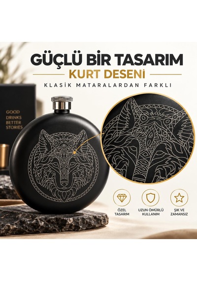 Kurt Desenli Paslanmaz Çelik İçki Matarası 240 Ml 8 Oz Cep Matarası Hunili Kamp Outdoor Erkek Hediye Siyah
